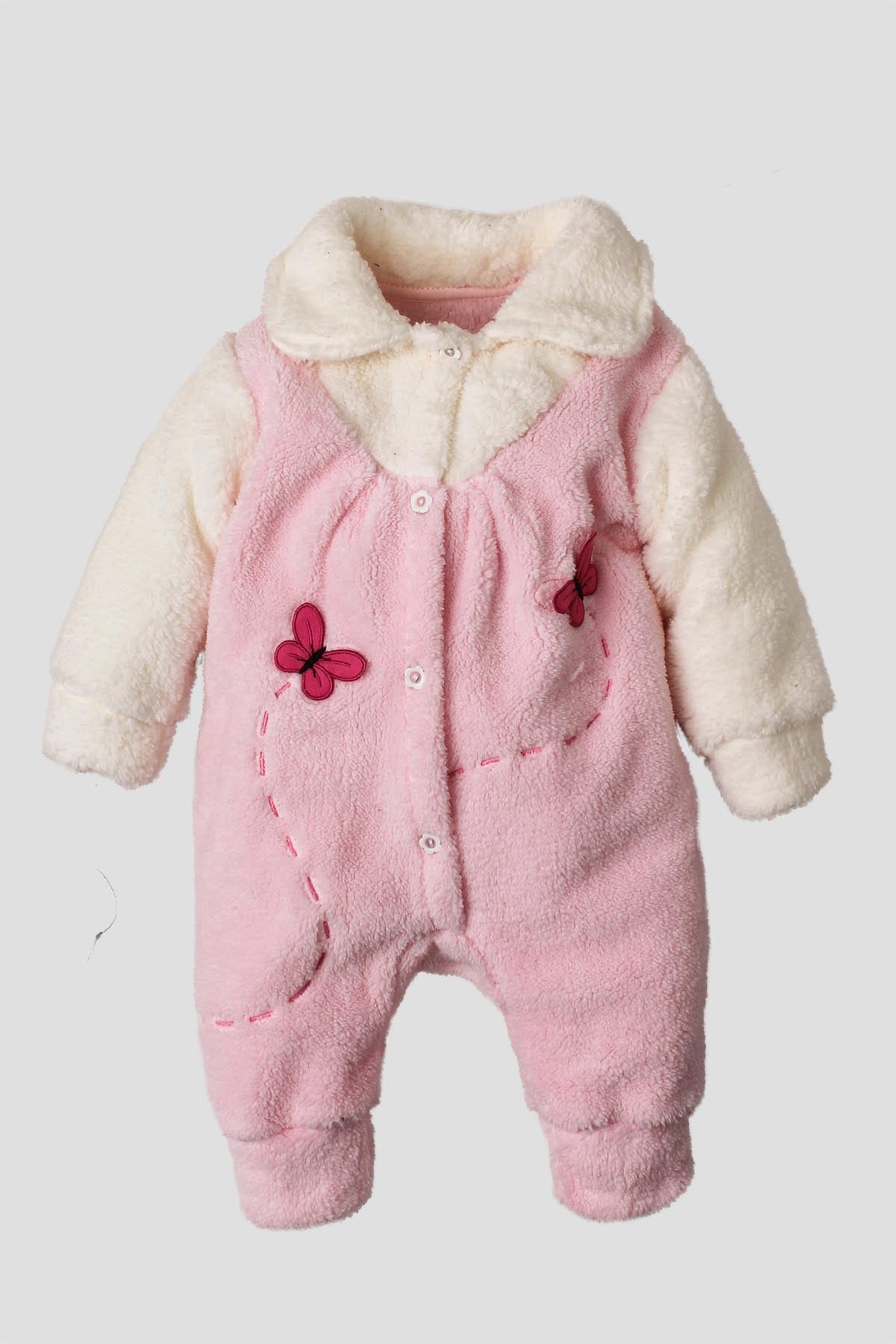 Kız Bebek Tulum Peluş Kelebek Aplikeli Yakalı Kız Bebek Tulum 0-12 Ay